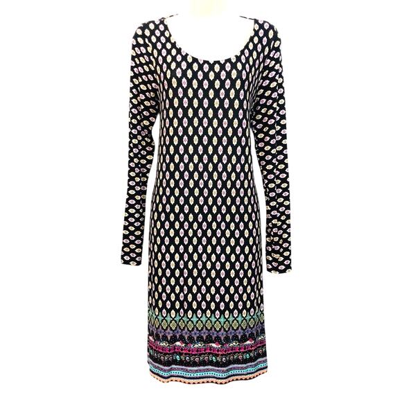 NWT Loveappella Charming Black Multi Colored Design Kasi Knit Dress Caged Back - Picture 1 of 16